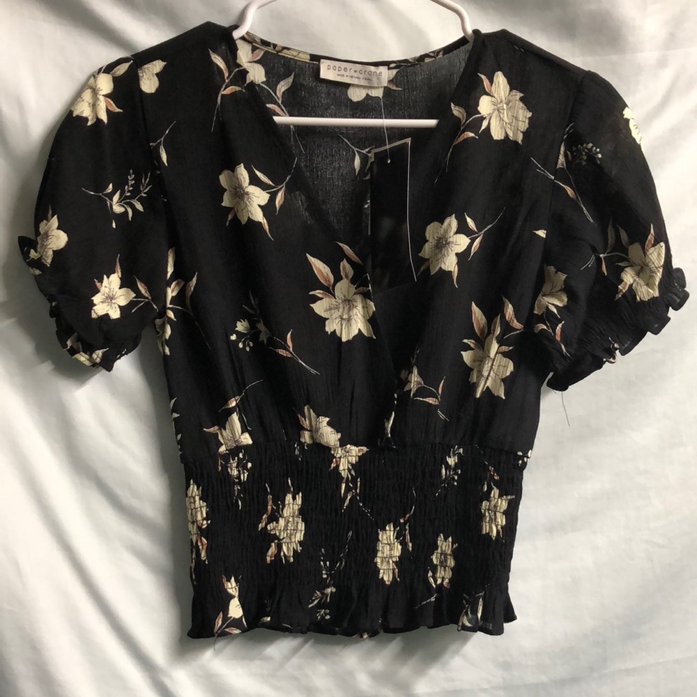 Black XS flowered faux wrap Paper Crane blouse sweetheart peasant top